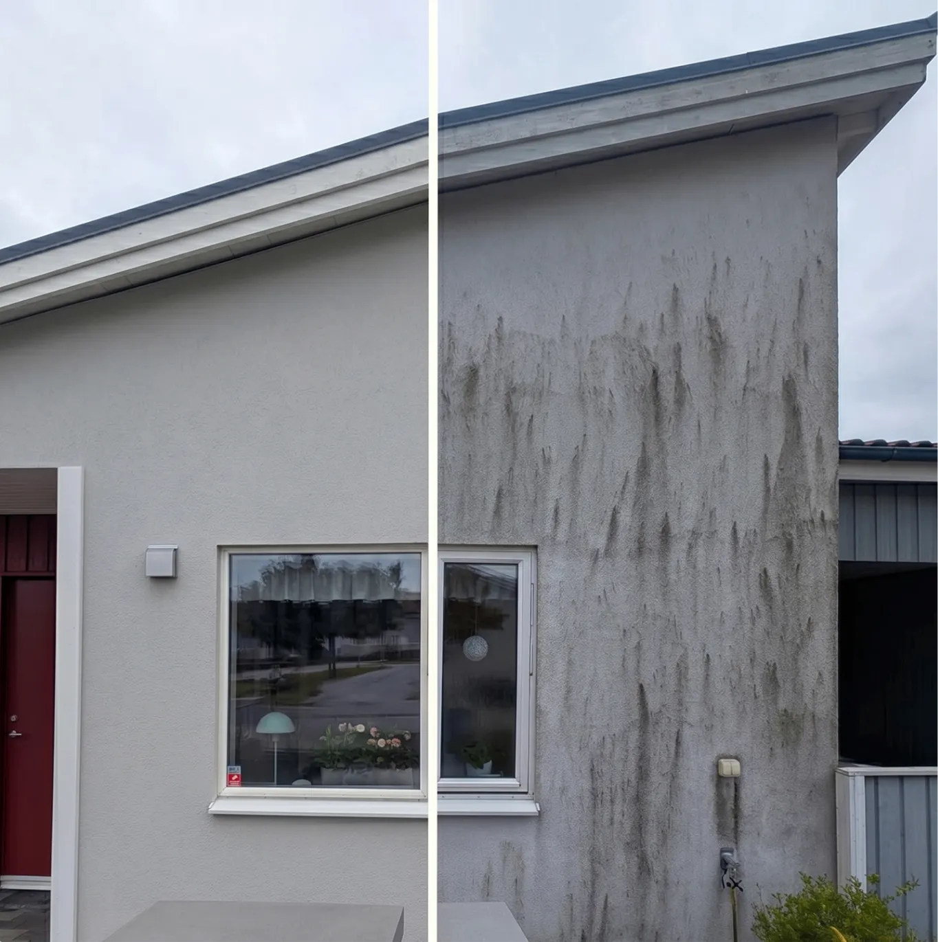 Före och efter fasadtvätt på putsad villa