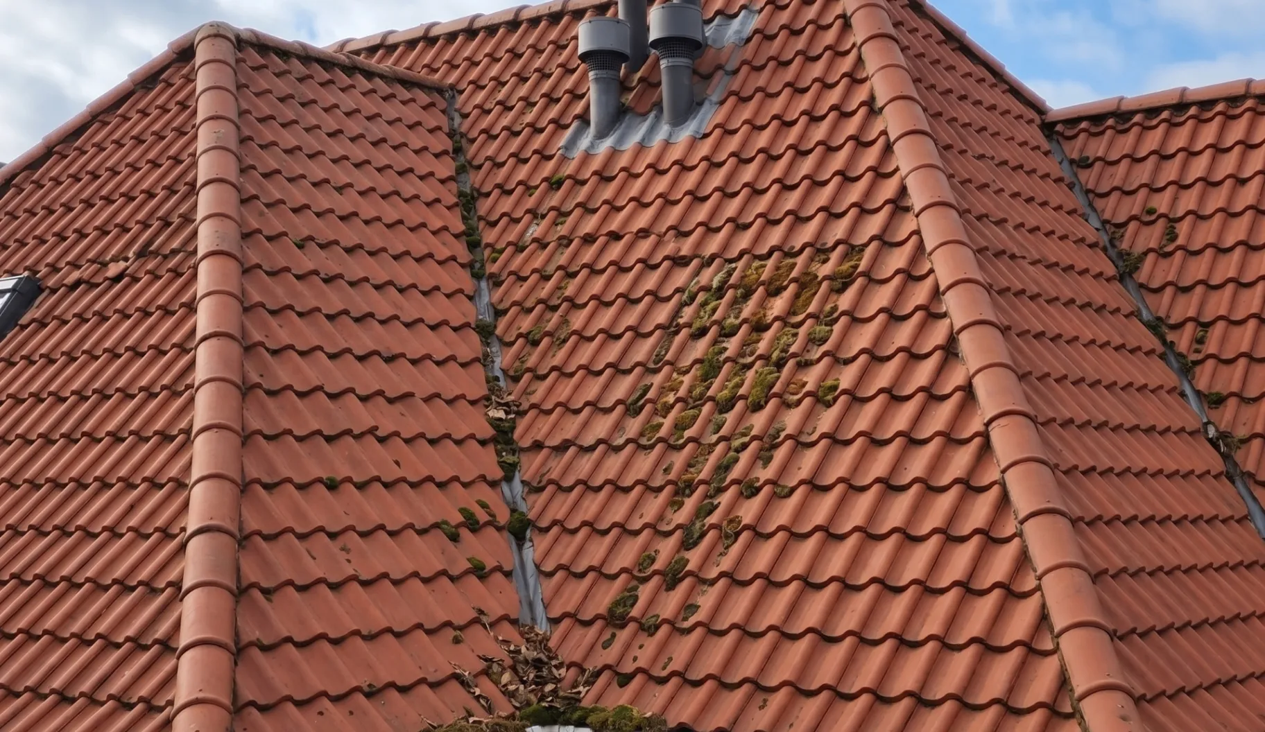 Rött tegeltak med mossrester – efter mossborttagning
